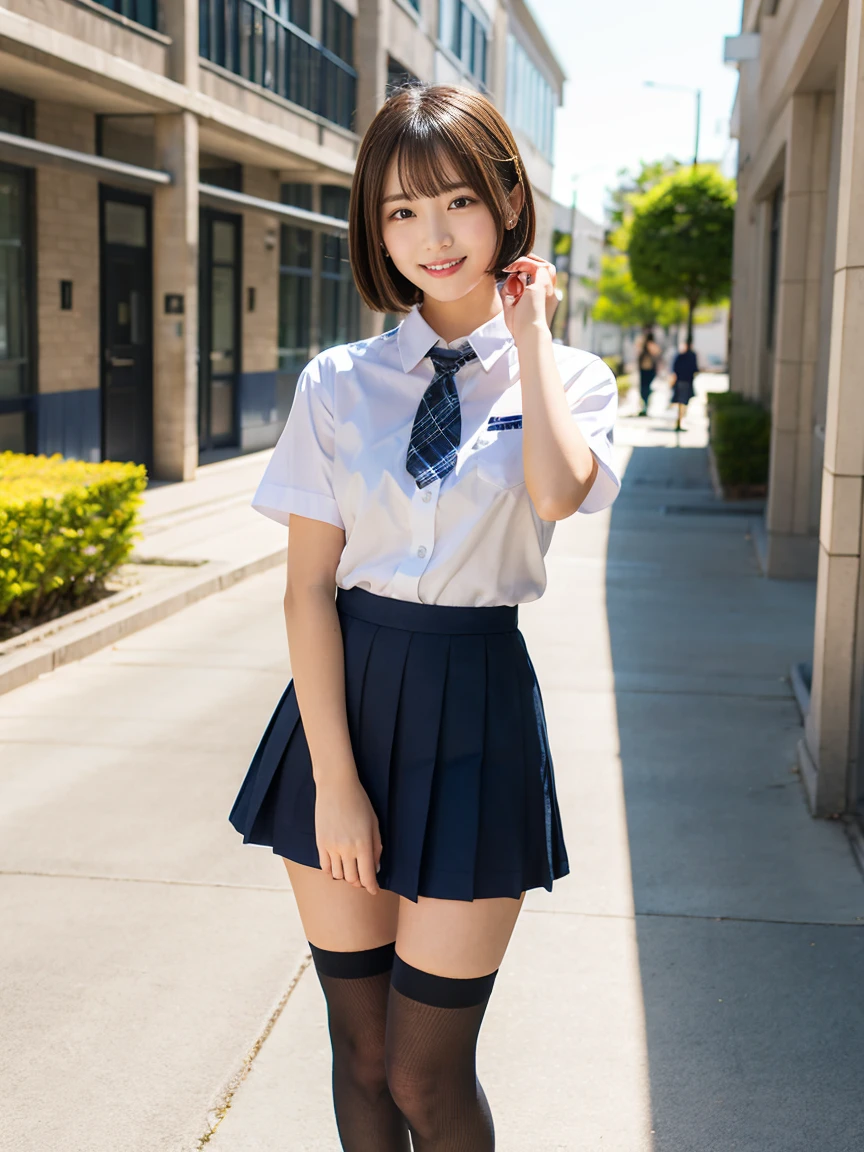 Beautiful Girl, Dark hair, Short hair, (Curly hair), (((Lace pantie))), NSFW, (Show your teeth and smile), looking at the viewers, (((Lift the hem of the skirt, Lift the hem of the skirt with both hands, Lift the hem of the skirt yourself))), ((Japan school uniform)), (Navy Blazer:1.2), (short plaid skirt:1.5), (White shirt for students), (neck tie:1.2), Check skirt, ((of the highest quality, 16 K, masutepiece: 1.3)), 1 girl, Light on Face, hyperdetailed face, very detailed lips, Detailed eyes, Realistic pupils, In the street