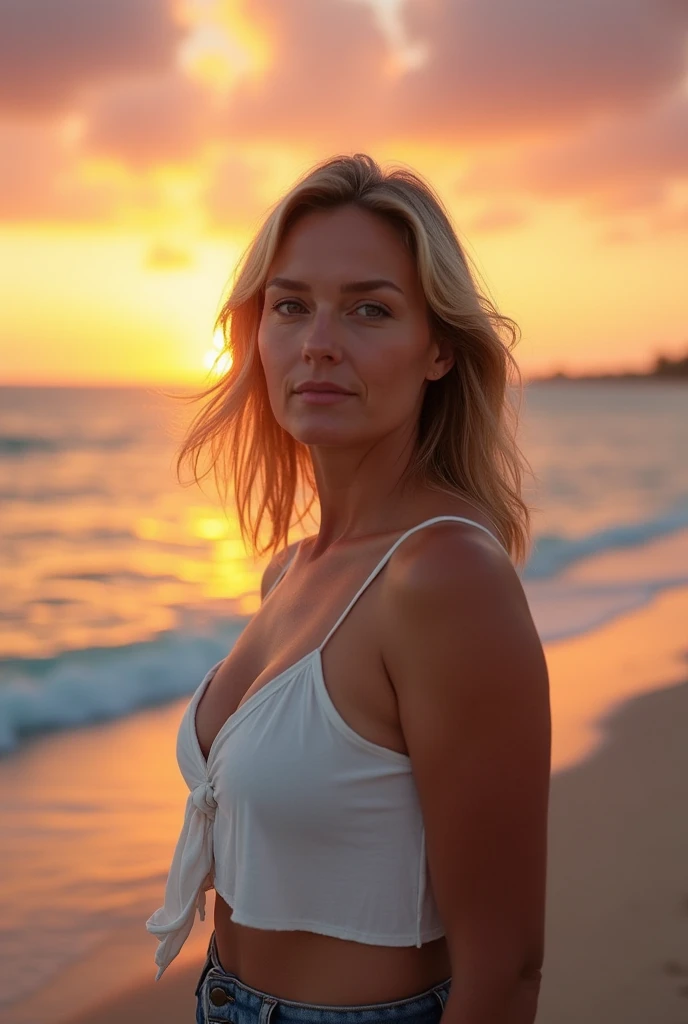 Foto de una mujer estadounidense madura,Un MILF,Cara hermosa,cabello rubio rizado,sin sujetador,visible nipple, Arrugas, viejo, collar, Sala de papel abarrotada, Primer plano, Colores neutros, Barren land,Pecho enorme,senos redondos,Gran escote,Ropa transparente,Sujetador deportivo Cardigan transparente,Topless en la sala