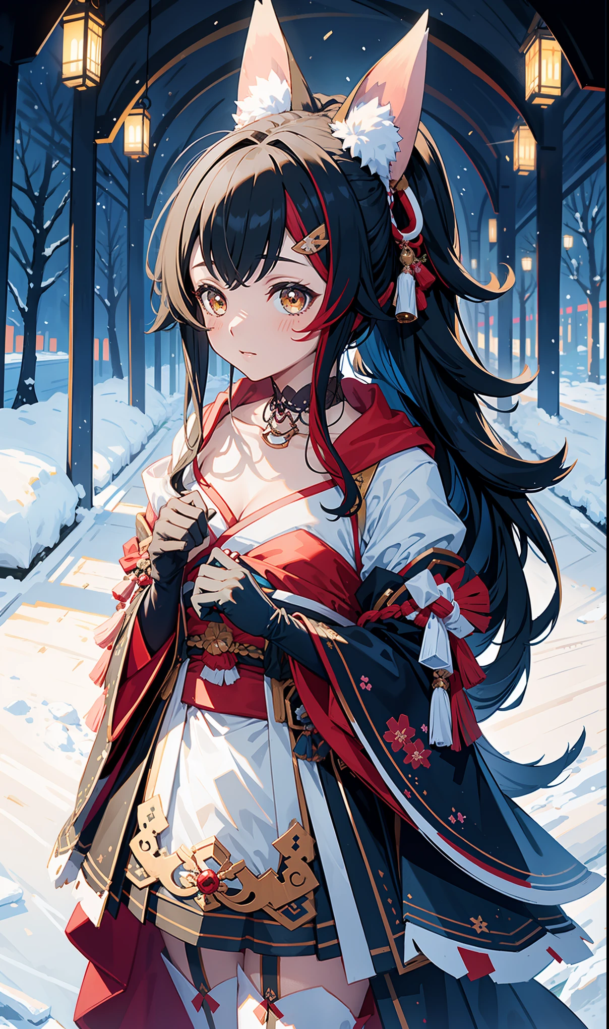 masterpiece,    top quality,    high resolution,  masterpiece:1.2,     high quality  , 8K,      beautiful and meticulous growth   ,  happy ，  heavy costume，  blush，  kimono， Japanese costume ，Side Ponytail，  Fantasy World , Ice and snow fly  ,  winter，Mysterious landscape  ， black gloves ，Strike a pose，Beautiful sleeves  ，   Lots of clothes on the chest ，Middle Curve，Mature Woman，A small amount of fascination