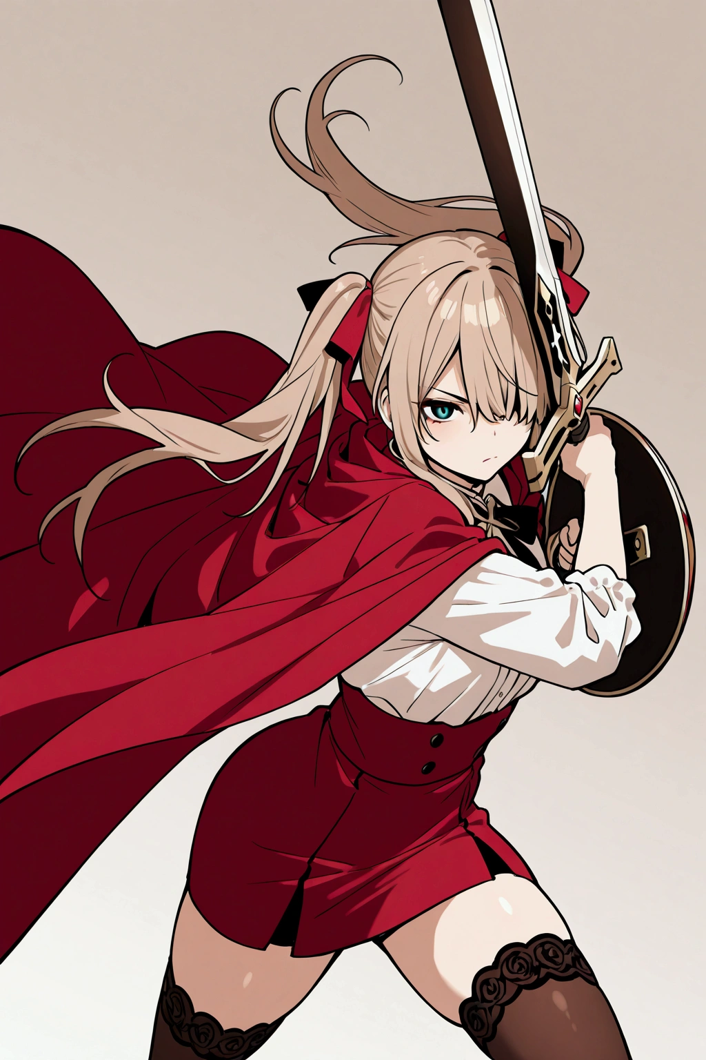  alone, girl, serious look, suspicious eyes, white shirt, red jacket on her shoulders like a cape, light brown hair, long bangs covering one eye, shield as big as her body, one-handed sword, red skirt, short stockings, long hair, 2 twin tails of hair, sleeves up to the elbows, dynamic defensive pose, defending, shield in arm,perfect scene , Masterpiece, score 9, anime colors, AMERICAN SHOT, beautiful, composition, HARMONY, high quality