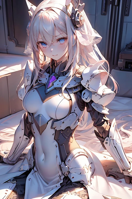 Masterpiece, beautiful art, 8k, art style by sciamano240, very detailed face, detailed hair, detailed clothes, detailed fabric, 1girl, beautiful face, long hair, light blue hair , model head shot, facing camera, very detailed blue cat eyes, worried look, close up view, zoom in, on hands and knees, talking to the camera, looking directly at the camera, wearing futuristic armor, thigh boots, rosey cheeks, destroyed city setting,