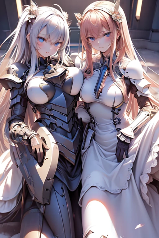 Woman knight、a beauty girl、huge tit、Excellent style、Nice Buddy、glamorous、leotard、s Armor、Bra chest armor、knee boots、gauntlets、hair adornments、silber hair、Longhaire、Ahoge、a medieval castle、is standing、full body seen、Outside the castle、natta、a smile、slightly open mouth
