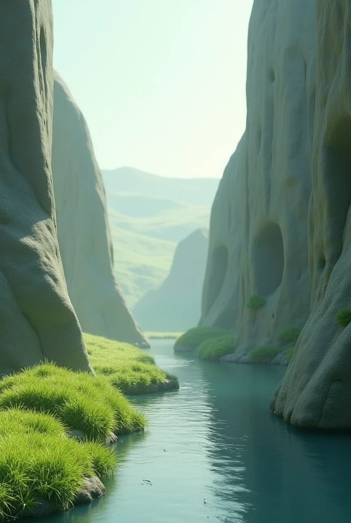 A very smooth crevice with grass in one corner a ravine alone.From a corner that the ravine looks very smooth too