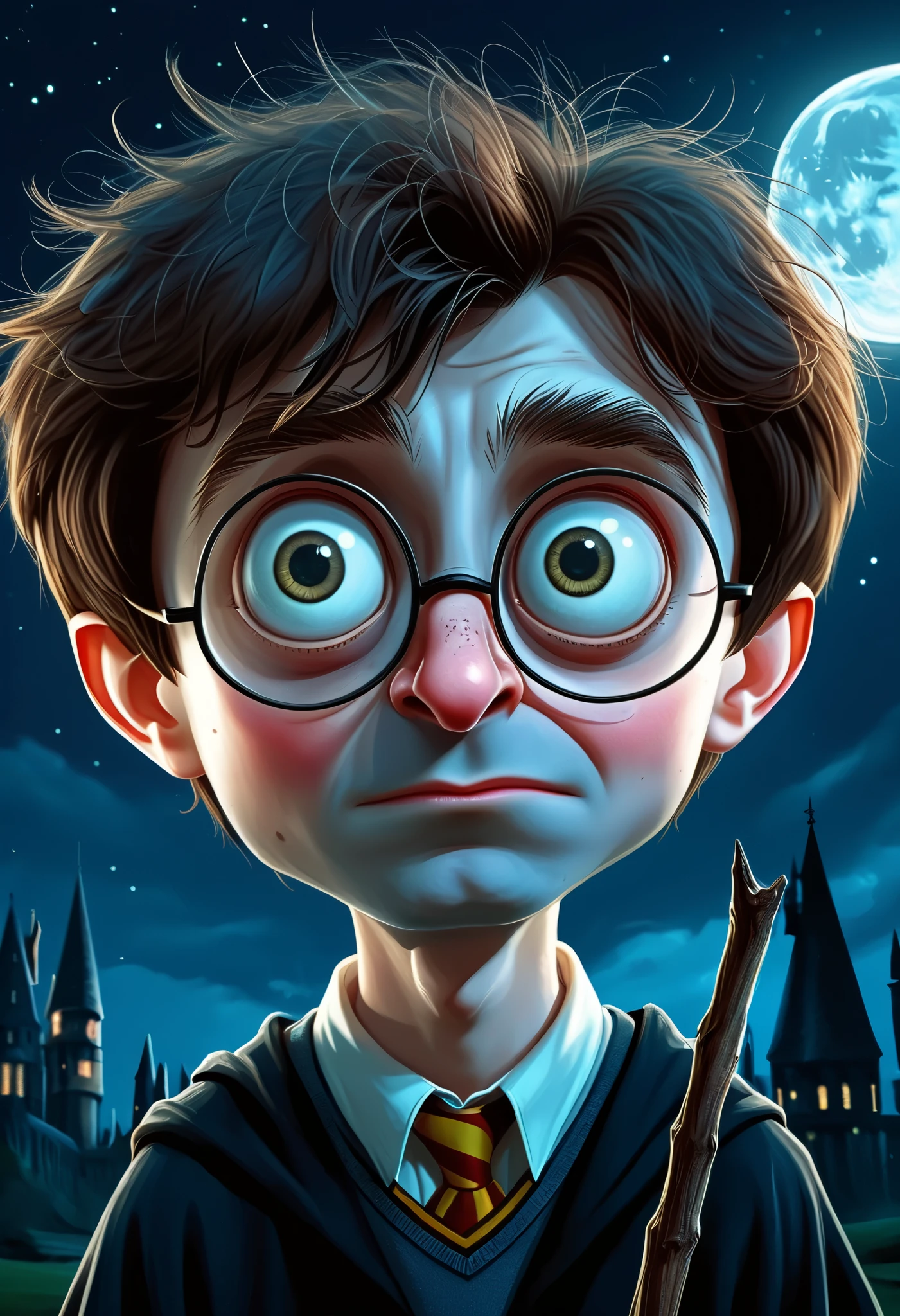 a cartoon caricature of Harry Potter in spell under the moonlight, portrait, exaggerated features with a large nose and big eyes. Masterpiece, Best Quality, Realistic, glowing, textures, 4K.