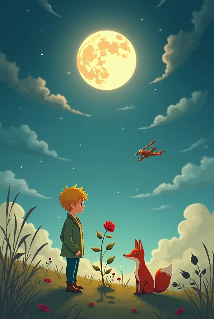 Illustration of the little prince where the rose appears, The light plane , The Little Prince and the Fox in the Moon
