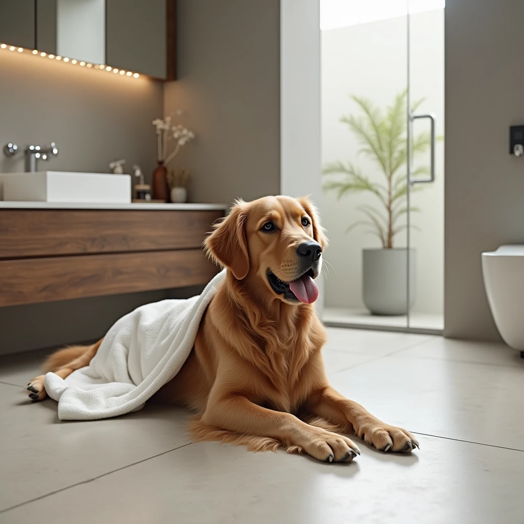 Create an image of a Golden Retriever dog in the color black, lying on the floor of a modern bathroom , The dog is wearing a white robe . High resolution , HD model, High Details , quality, high quality, Ultra HD, super detail ,