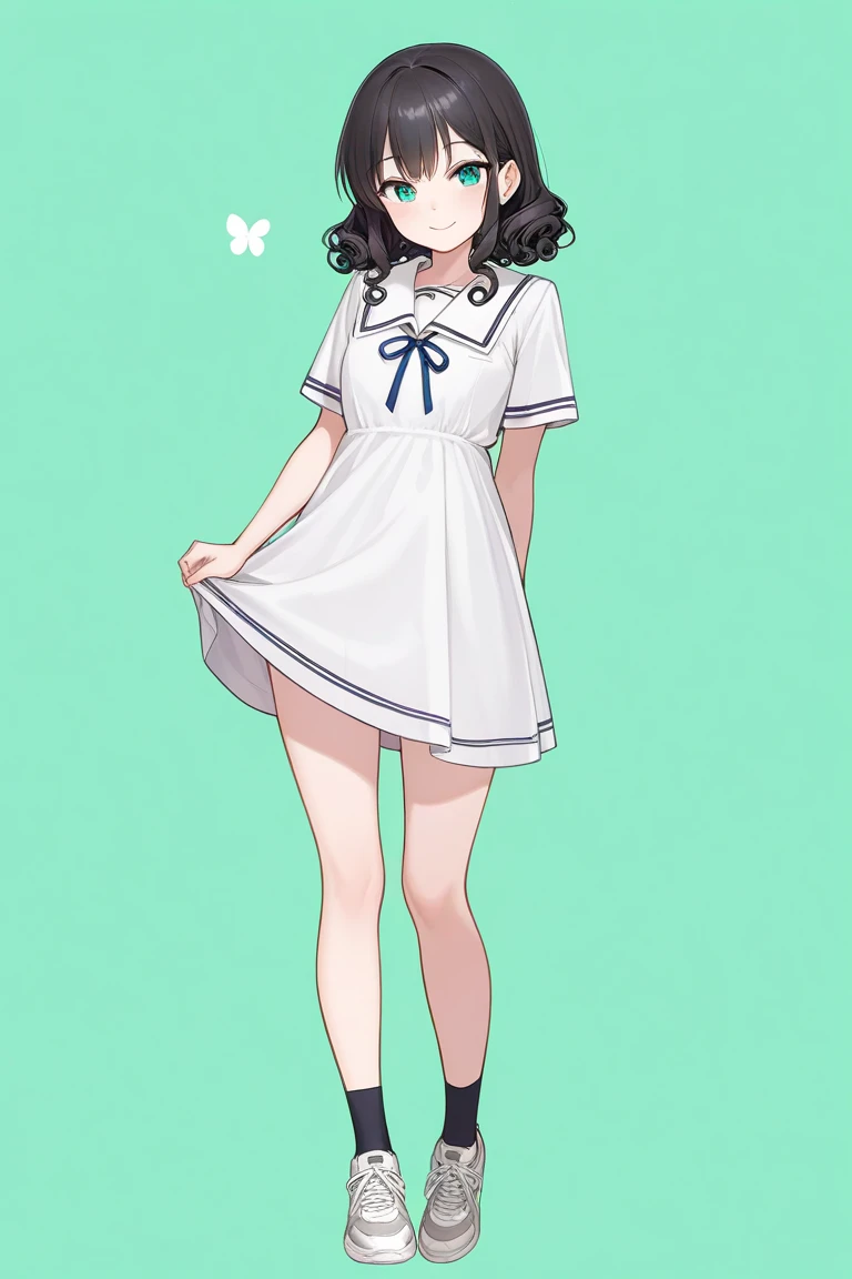 1girl,masterpiece,  top quality ,  Very Aesthetic ,  absurd, up to date,school uniform dress,curly black hair,happy,sneakers,Smile lightly,  beautiful,Alone, slender body 、stand、,sidelock ,jade eyes,endearing smile, chibi, full body,green background