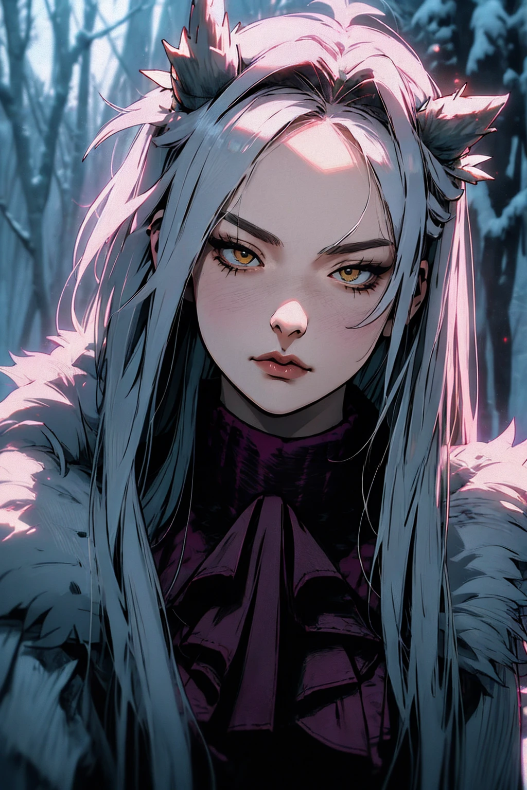 hyper-realistic of a mysterious woman with flowing dark hair, piercing yellow eyes, and a delicate floral crown, snown background, winter, white forest, winter clothes, fur, turtleneck