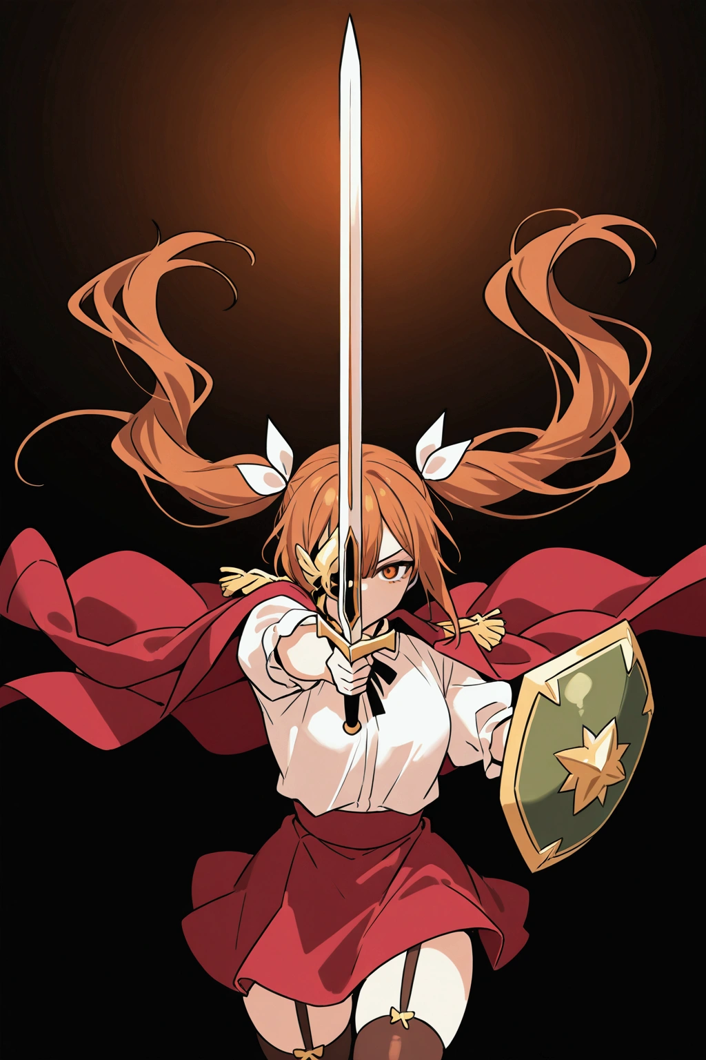  alone, girl, serious look, suspicious eyes, white shirt, red jacket on her shoulders like a cape, orange brown hair, long bangs covering one eye, shield as big as her body, one-handed sword, red skirt, short stockings, long hair, 2 twin tails of hair, sleeves up to the elbows, dynamic defensive pose, defending, shield in arm,perfect scene , Masterpiece, score 9, anime colors, AMERICAN SHOT, beautiful, composition, HARMONY, high quality