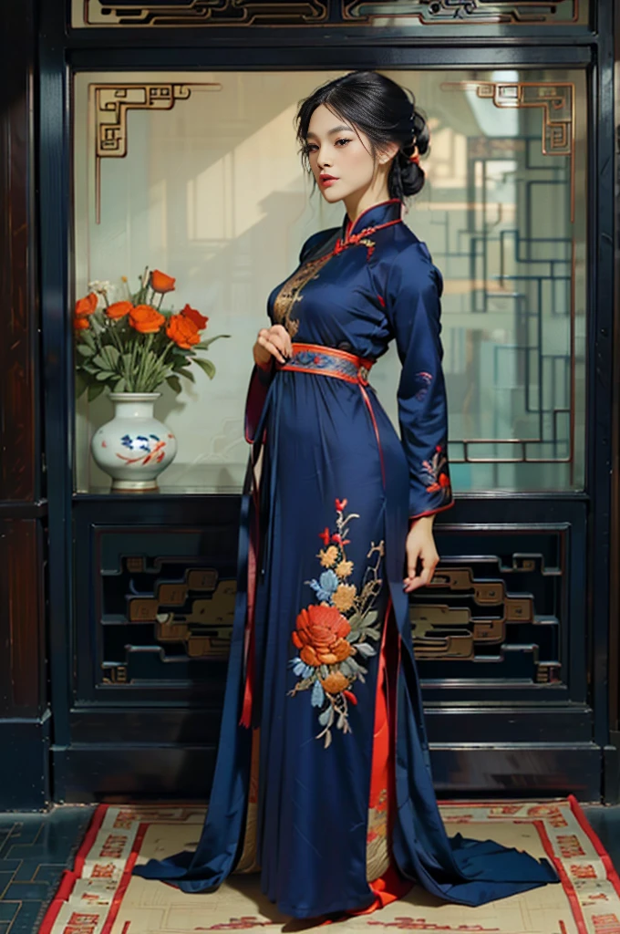 RAW photo, (Random shot, full body in frame, Side view focus, Dutch Angle), ((Asian adult female, one-person,) (traditional Chinese dress, one-piece, dark navy, long length, elegant, embroidered, decoration, fascinating,) random posing, stylish, cool, cute, sexy),