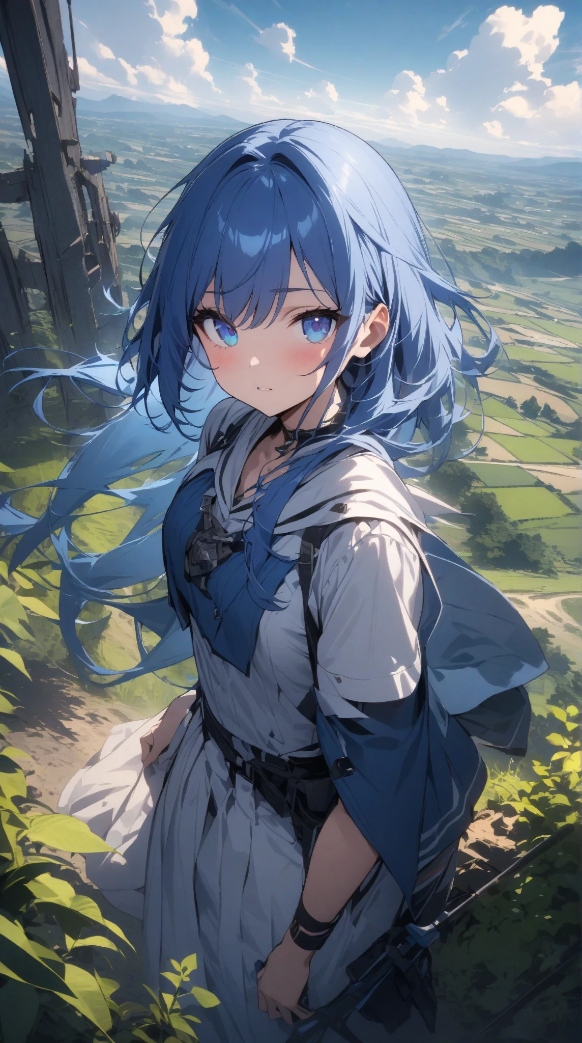 high res, masterpiece, 1 girl, blue eyes, blue hair、Otherworldly atmosphere、Rural landscape、、暗い空