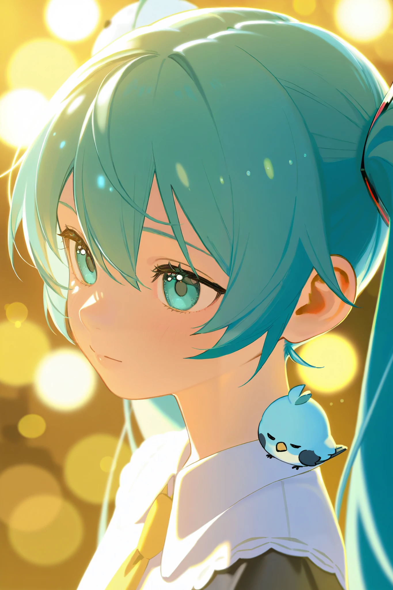 Photorealistic、 illuminated by the soft golden light of a calm morning, Fascinating close-up portrait of Chibi Miku and a beautiful little bird, The little bird is on Chibi Miku's shoulder、 Brilliant bokeh gently surrounds her delicate figure
