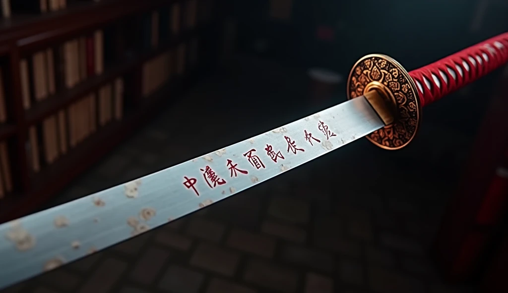 Realistic, with the theme "Japanese sword with pure white blade and intricately crafted scabbard", an old Japanese sword from the 1700s suitable for practical combat, with a crimson red handle, an intricately decorated circular tsubo, and a pure white blade 90cm long, the white blade has a blade pattern and a spell to gain supernatural powers is inscribed in Japanese kanji in crimson red, the scabbard is beautifully inlaid with mother-of-pearl, sophisticated design, advanced lighting techniques, and 8K high-definition live action photography