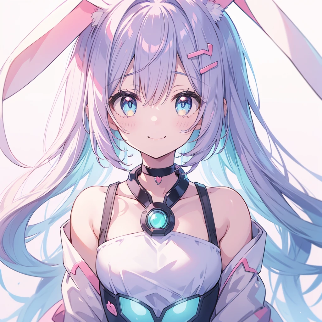 best details、 top quality 、 Highest Masterpieces、Pastel Theme、1 cute girl、 blue eyes、 Pink Bob Cut 、 rabbit ears 、 smiling with her mouth open 、 tilting your head 、 upper body、 Fashionable 、Futuristic clothing、futuristic fashion decoration、(White background:1.2)、whole body、 choker 、Futuristic fashion decoration with V、 on the head and a blue rabbit on the shoulders、kawaii tech,