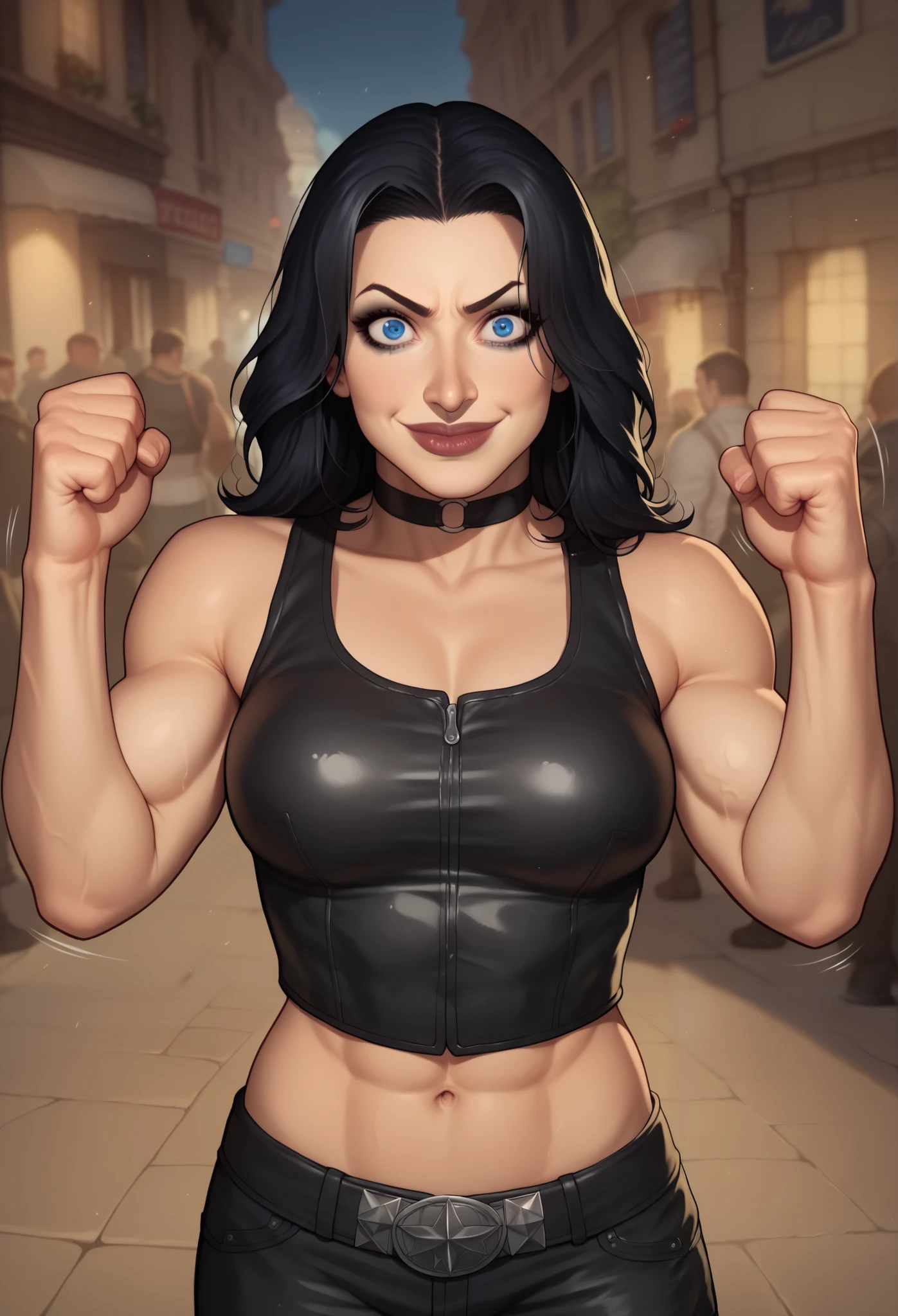 (((beautiful, high quality, comics style, detailed face))), score_9, score_8_up, score_7_up, BREAK, human, ((bignoselady, large nose, aquiline)), thick lips, goth girl aesthetic, jacked, beefy, muscular, oversized leather jacket, sexy face, full makeup, crazy smile. wearing black choker, black hair, crazy eyes, large eyes, blue eyes, BREAK, standing, ((fighting stance:1.1, figting pose, clenched hands)), midriff, motion lines:1.4, looking at the viewer, solo:1.4, streets outside, fantasy, blurred background, Expressiveh, detailxl