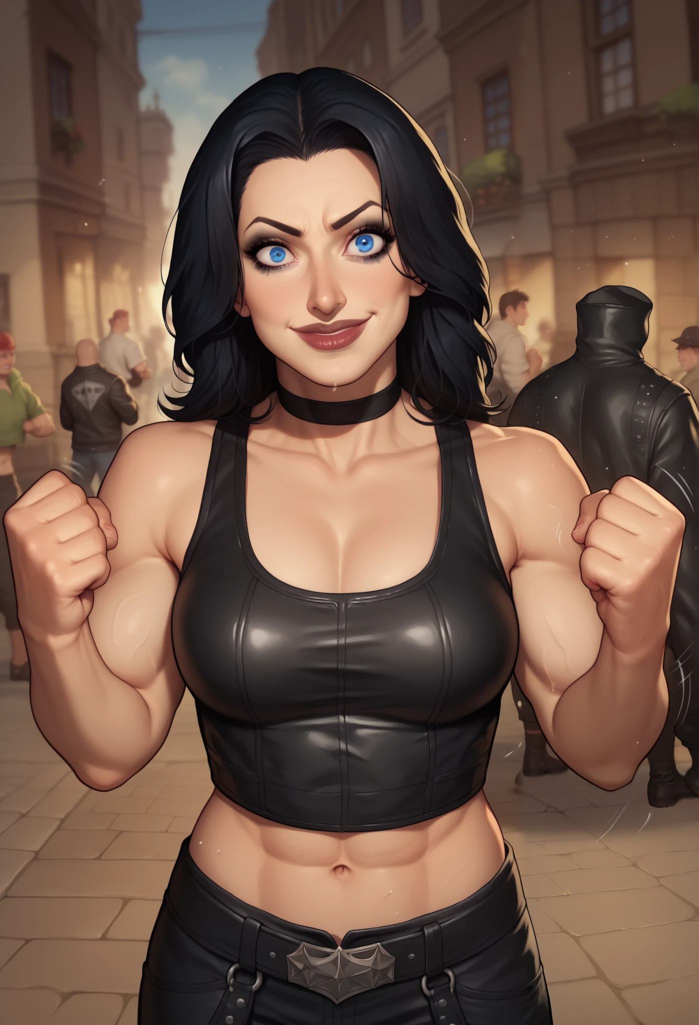 (((beautiful, high quality, comics style, detailed face))), score_9, score_8_up, score_7_up, BREAK, human, ((bignoselady, large nose, aquiline)), thick lips, goth girl aesthetic, jacked, beefy, muscular, oversized leather jacket, sexy face, full makeup, crazy smile. wearing black choker, black hair, crazy eyes, large eyes, blue eyes, BREAK, standing, ((fighting stance:1.1, figting pose, clenched hands)), midriff, motion lines:1.4, looking at the viewer, solo:1.4, streets outside, fantasy, blurred background, Expressiveh, detailxl