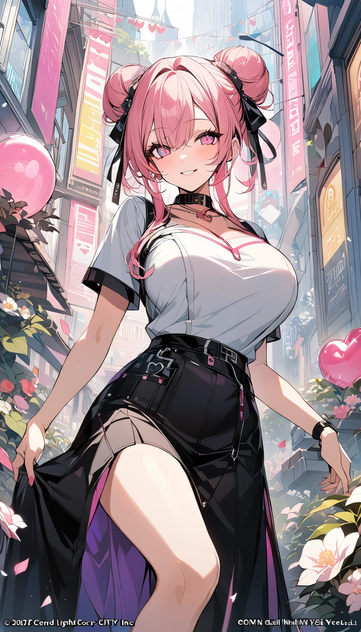1 girl, pink long bun hair, heart shaped eyes, ♡, Bunny ears、Idol, {girl with pink long bun hair named Nami}, (Pink eye color), {downtown}, (smile), bright background , mole under eye, heart shaped choker, (masterpiece, highest quality), very detailed, highest quality, official art, beautiful and aesthetic: 1.2), (1 girl), very detailed, (geometry art: 1.3), colorful, most detailed ?d1 girl, pink long bun hair, Eye of the symbol, +__+, big breasts, gothic costume, {A girl with long pink bun hair named Nami}, (Pink eye color), {downtown}, (smile), bright background, (garden,beautiful flower々),mole under eye, heart shaped choker, (masterpiece, highest quality), official art, beautiful and aesthetic: 1.2), (1 girl), very detailed, (geometry art: 1.3), colorful