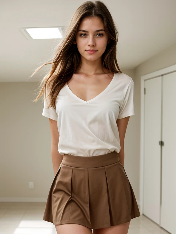 Victoria justice, (Best Quality,4k,ultra detailed,realist), slim and muscular fit girl standing, muscled body , (pleated skirt), redhead woman,space, (A white blouse) ,Beautiful face,Blue eyes,detailed eyes, happy face,  small breasts:1.1, round breasts:1.1