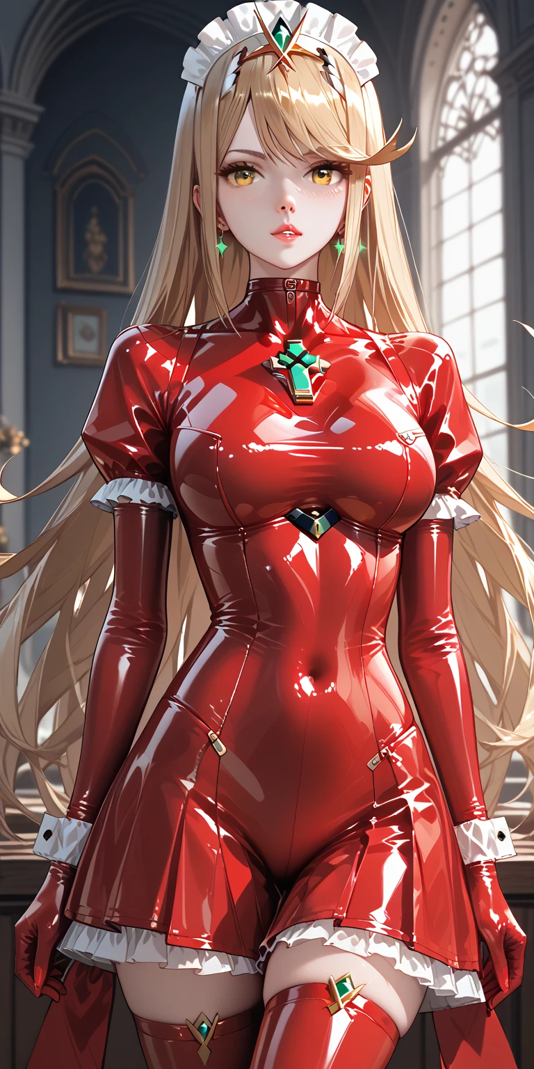 Portraiture、(masterpiece,Highest quality,Ultra-high resolution),mythra \(xenoblade\), 1girl, yellow eyes, swept bangs, long hair, very long hair, blonde hair, (((Very beautiful girl))),(Pale red latex maid outfit)、((Pale red latex long skirt))、(A long-sleeved latex shirt that covers the upper body)、Pale red latex gloves、Pale red latex socks、Pale red latex bodysuit、Frills、Latex is very shiny、Dark Room