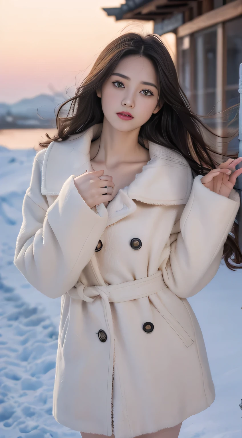Arafed woman in a white coat posing in the snow - SeaArt AI