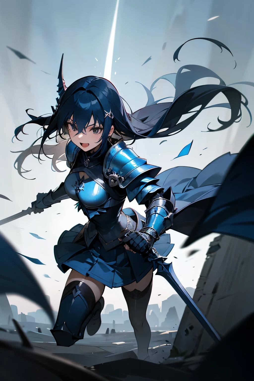masterpiece, best quality, edea lee, blue bow, blue dress, cleavage, armored dress, shoulder armor, gauntlets, armored legwear, fighting stance, swamp, darkness