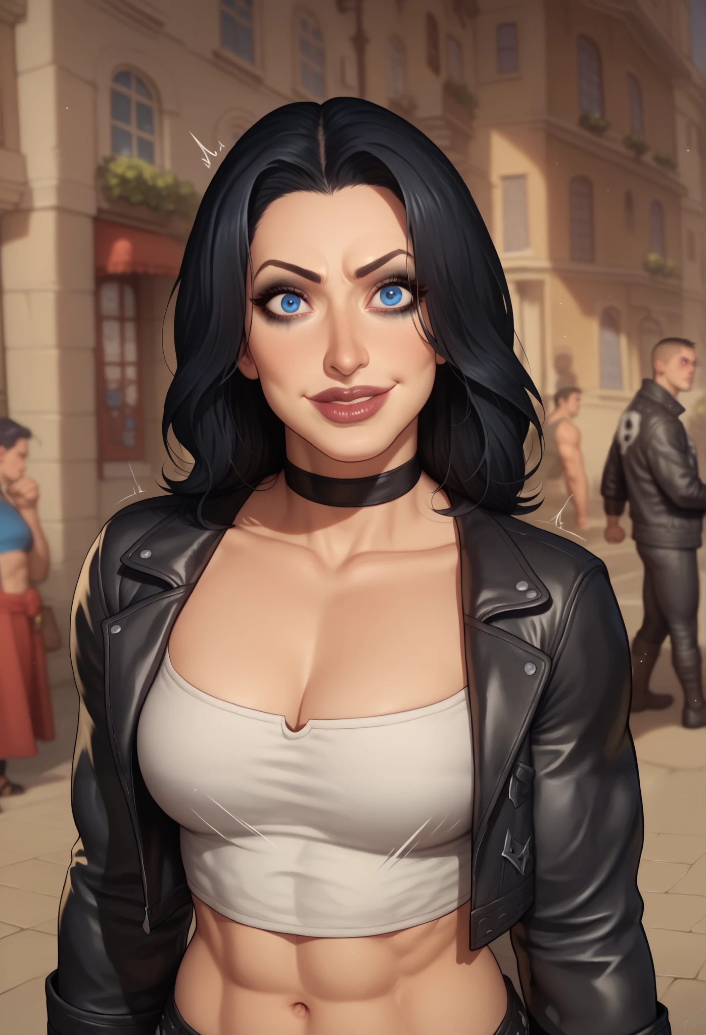 (((beautiful, high quality, comics style, detailed face))), score_9, score_8_up, score_7_up, BREAK, human, ((bignoselady, large nose, aquiline)), thick lips, goth girl aesthetic, jacked, beefy, muscular, oversized leather jacket, sexy face, full makeup, crazy smile. wearing black choker, black hair, crazy eyes, large eyes, blue eyes, BREAK, standing, ((fighting stance:1.1, figting pose, clenched hands)), midriff, motion lines:1.4, looking at the viewer, solo:1.4, streets outside, fantasy, blurred background, Expressiveh, detailxl