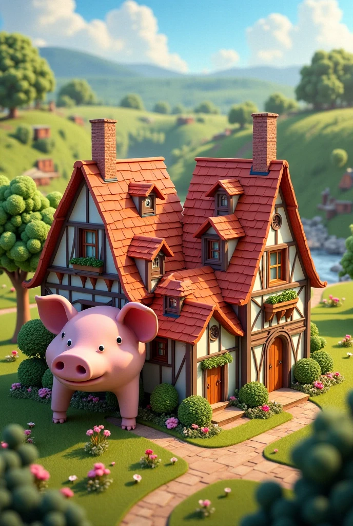 Generate for me a village of 4 houses in the shape of a pig with a house called Léo an Arthur, une Seb et une Gaby 