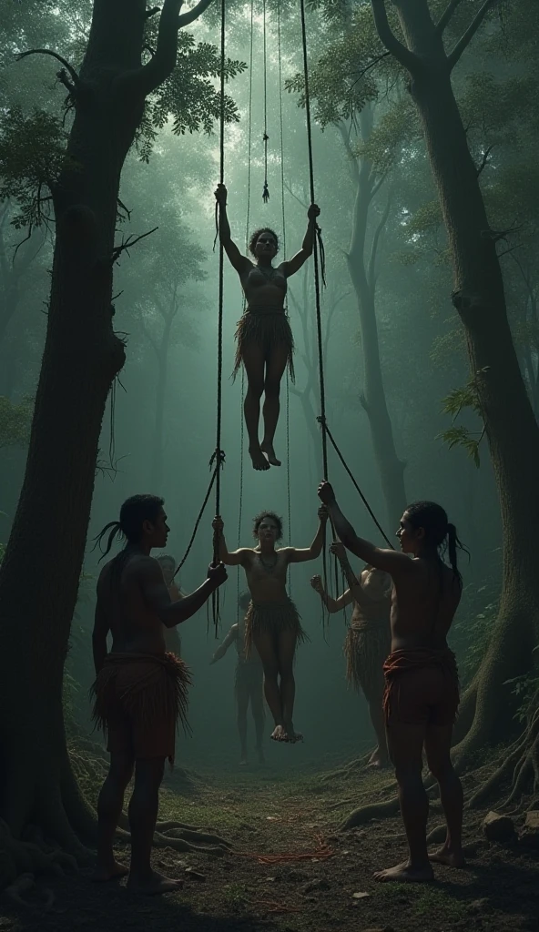 two individuals dressed in costumes reminiscent of a tribal style, with bodies painted and decorated with leaves. They are holding a woman on a wooden bar, and she is lying differently, wearing a colorful outfit with a cultural look. The scene takes place in a lush green forest, surrounded by plants. The individuals' facial expressions are intense, suggesting that the image is part of a creative or artistic representation in a natural environment.
