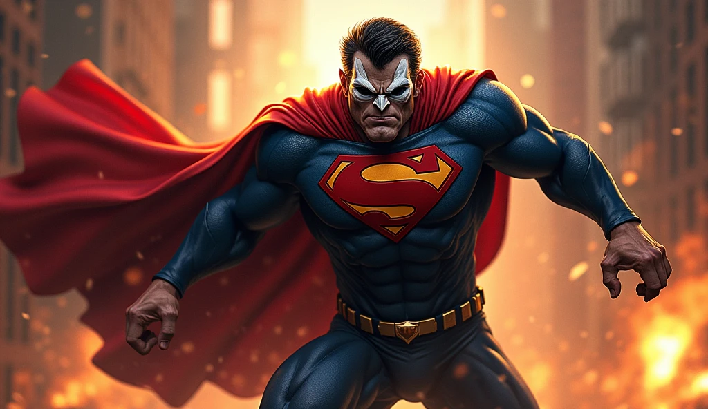 Dramatic Superman as a clown, funny clown face, cinematic, extreem realistic, extreem detailed, extreem Sharp, full body shot