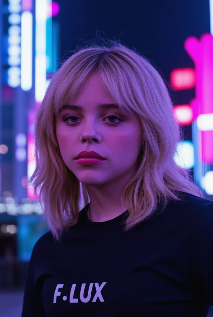 1 girl, Chloe Grace Moretz, neon city lights, cyberpunk, modern photography, detailed, masterpiece, beautiful detailed eyes, beautiful detailed lips, extremely detailed face, longeyelashes, flux t-shirt, (best quality,4k,8k,highres,masterpiece:1.2),ultra-detailed,(realistic,photorealistic,photo-realistic:1.37),vivid colors,studio lighting