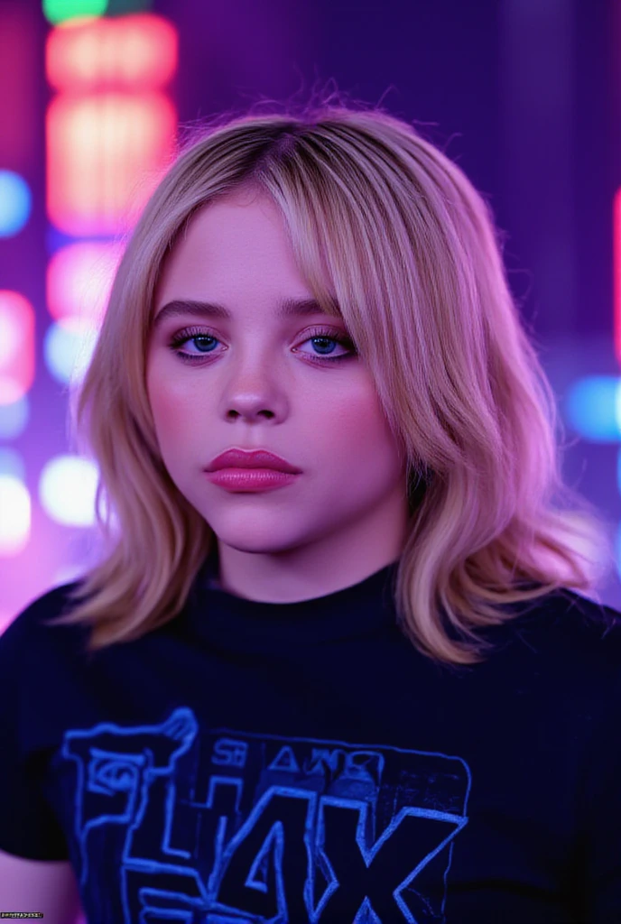 1 girl, Chloe Grace Moretz, neon city lights, cyberpunk, modern photography, detailed, masterpiece, beautiful detailed eyes, beautiful detailed lips, extremely detailed face, longeyelashes, flux t-shirt, (best quality,4k,8k,highres,masterpiece:1.2),ultra-detailed,(realistic,photorealistic,photo-realistic:1.37),vivid colors,studio lighting