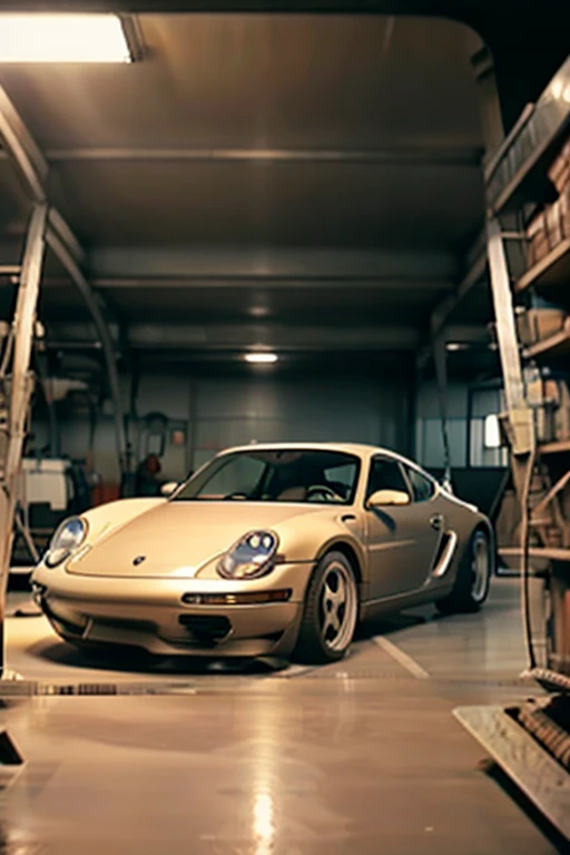 A rare image of Porsche Cayman  parked inside the garage, warm lighting, bad signal, found footage