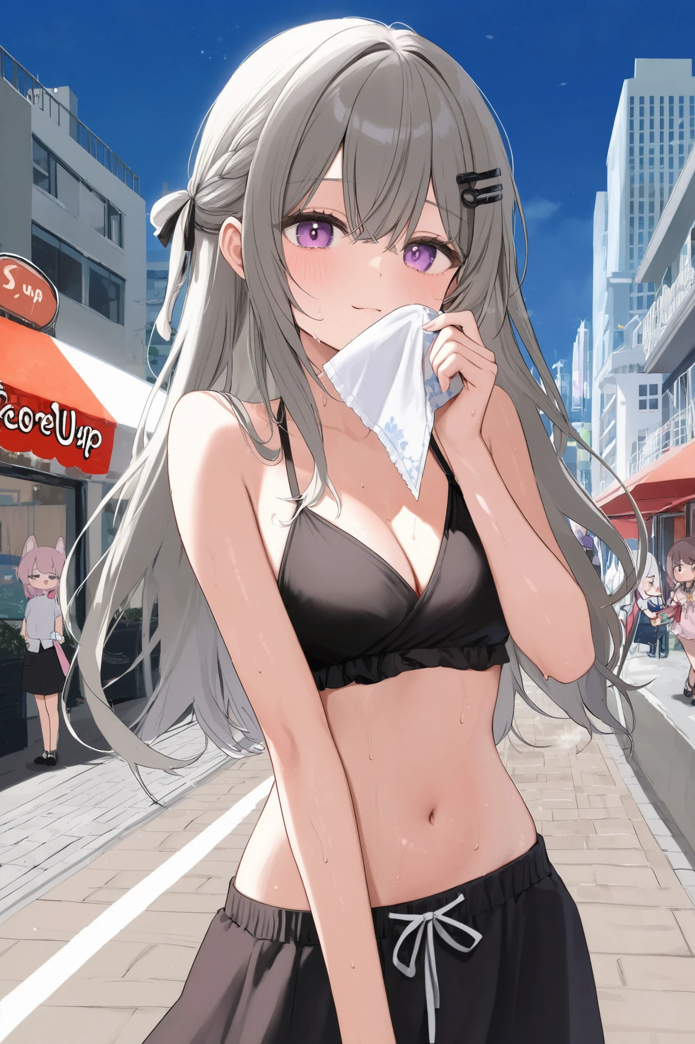 longshot、a chibi girl, Building Street、Hot summer wipe sweat from the face with a handkerchief