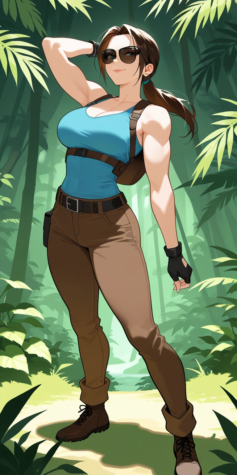  masterpiece fails, top quality,  high detail , Lara Croft, in a canonical blue top and brown pants,  small biceps  , a faint smirk on ,  sunglasses , 's face makes its way through the thick jungle 