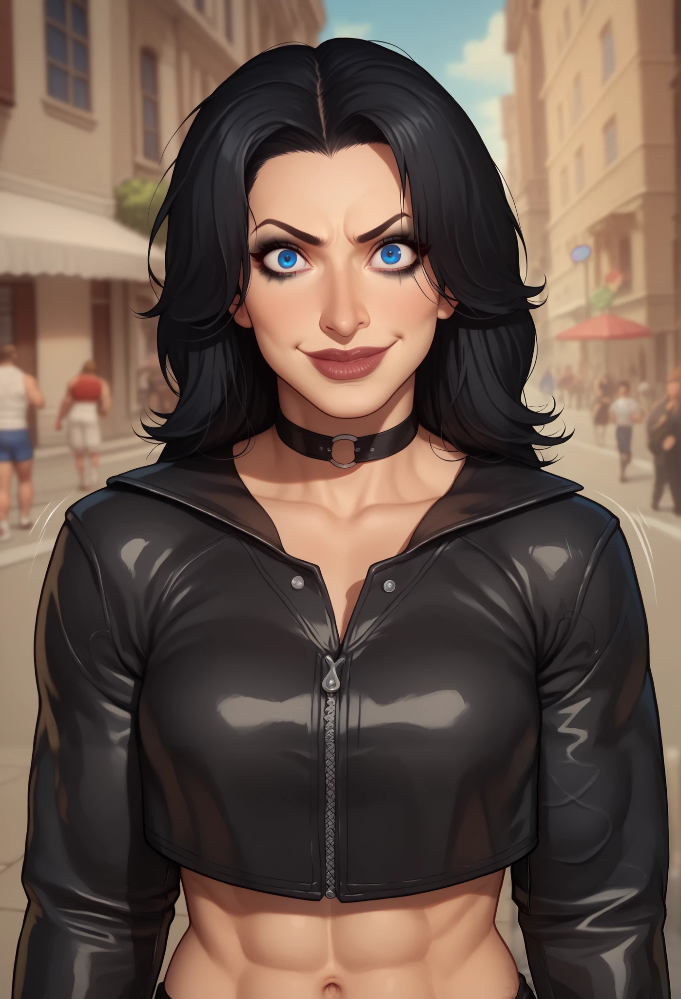 (((beautiful, high quality, comics style, detailed face))), score_9, score_8_up, score_7_up, BREAK, human, ((bignoselady, large nose, aquiline)), thick lips, goth girl aesthetic, jacked, beefy, muscular, oversized leather jacket, sexy face, full makeup, crazy smile. wearing black choker, black hair, crazy eyes, large eyes, blue eyes, BREAK, standing, ((fighting stance:1.1, figting pose, clenched hands)), midriff, motion lines:1.4, looking at the viewer, solo:1.4, streets outside, fantasy, blurred background, Expressiveh, detailxl