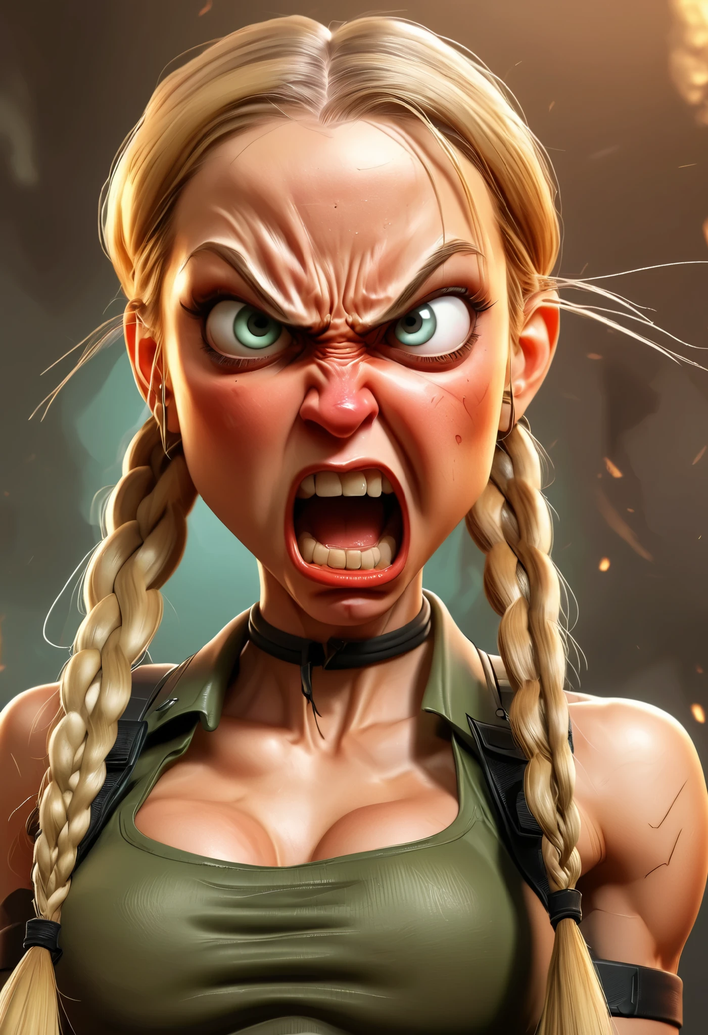 a cartoon caricature of Cammy in dynamic fight pose, hot girls with blond hair with two long braids, angry face, portrait, exaggerated features with a large nose and big eyes. Masterpiece, Best Quality, Realistic, glowing, textures, 4K. Army background.