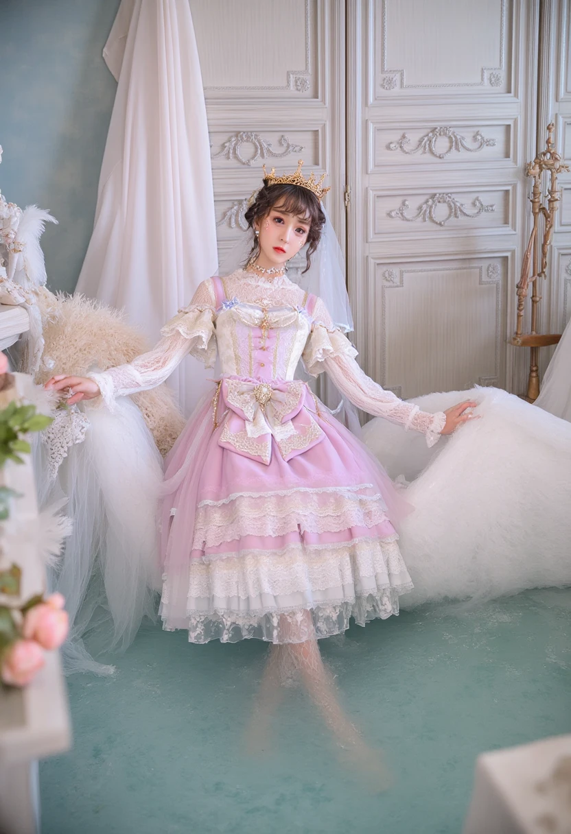 (The room is submerged in water :1.5),(lingerie:1.3), Takanobu Fujiwara(Takanobu Fujiwara) Digital rendering inspired by , Pixiv, rococo, 빅토리아 고딕 Lolita Fashion , Lolita style ,Lolita Fashion ,  dress,She's straddling her palace bed and struggling in the water.,Petticoat , spread legs , (Detailed description of the garment), winding, white skin, ( Detailed explanation of blush ), 1080P, 8k wallpaper 、 top quality,,Tiara,Cetin gloves , wedding veil ,spread legs,The skirt is torn, pink dress 