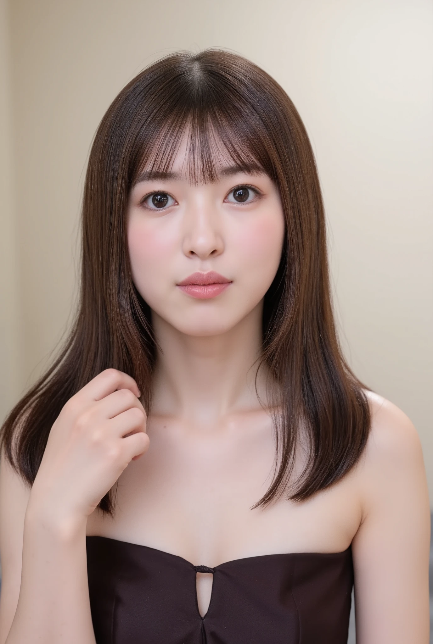 The high resolution photograph of a young Japanese female idol, solo, 1girl, (wearing a strapless off-shoulder dress), portrait, looking at the camera, (straight long black hair with blunt bangs), pale skin, detailed face, detailed eyes, seductive eyes, natural make-up,
(open mouth, cum in mouth after blowjob, piece sign), indoors, 