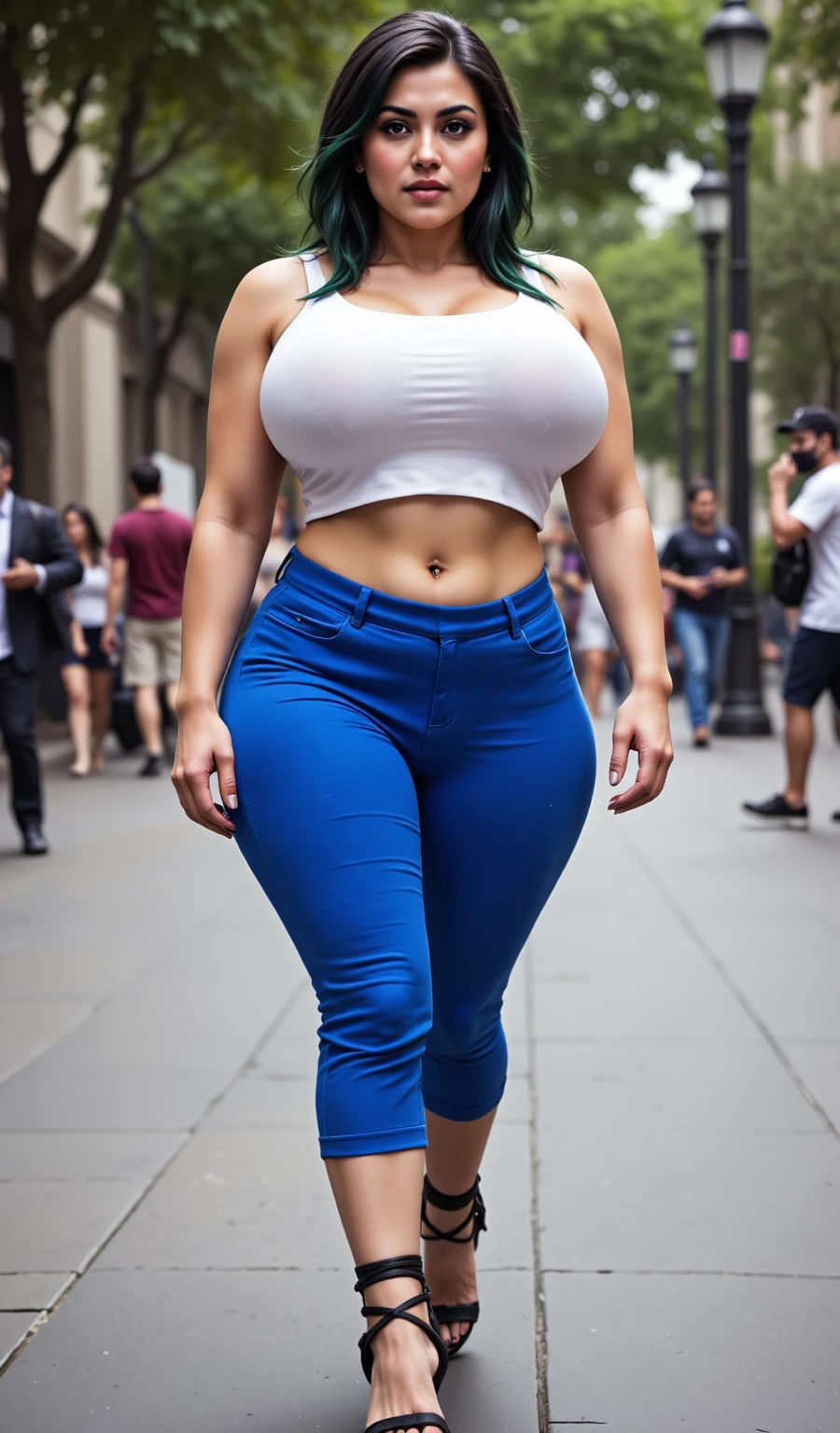 Woman, 21 years old. 1.83m tall, 97kg weight. Wavy black hair with dark green highlights. Mixed Armenian and Chilean heritage. Long legs. Long arms. Very large hands and feet. Thick thighs with firm hip abductor and hip adductor muscles. Pert glutes. Large triceps, slightly pudgy upper arms. Enormous, elongated but very perky breasts. Breasts set far apart. Recent growth spurt. Fresh stretch marks on legs, arms, breasts. Undersized bra, undersized blouse and waistcoat, tight royal blue capri pants. Strappy leather sandals. Haughty, arrogant face. Walking in a public plaza. Full body portrait.