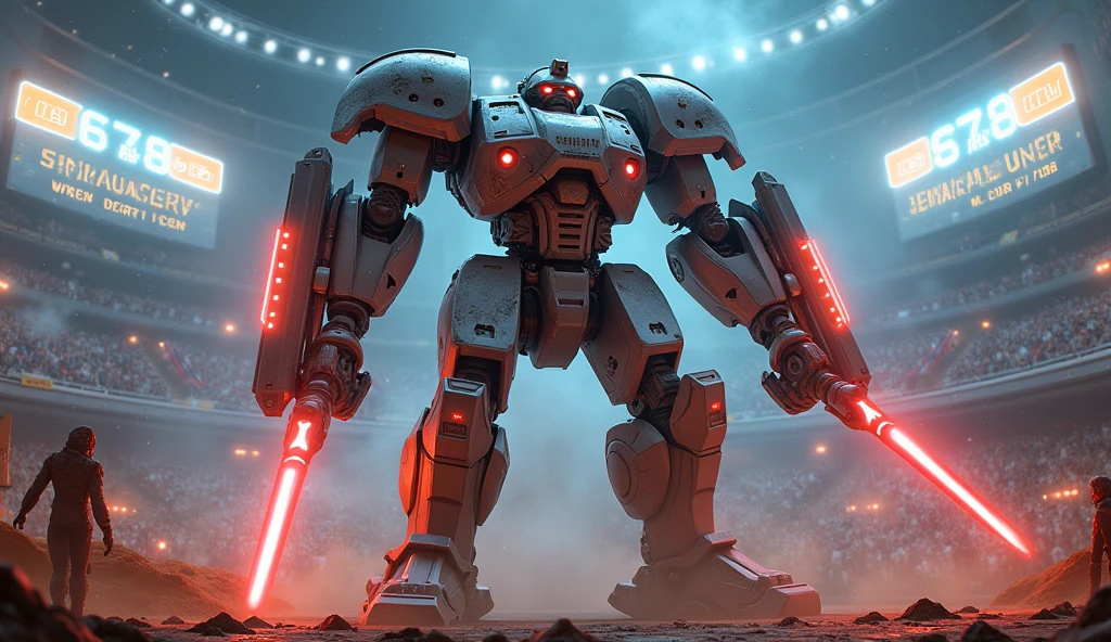 An imposing robot gladiator stands triumphantly in the center of a futuristic arena, its metallic frame gleaming under a canopy of neon lights. The robot's armor is adorned with battle scars, with one arm equipped with a massive plasma blade and the other carrying an energy shield pulsating with blue light. The crowd of spectators, a mix of humans and aliens, roars with excitement from high-tech bleachers. Dust and sparks fill the air as the arena floor is littered with the remnants of previous battles. The sky above is a dark void, punctuated by holographic screens displaying the robot's name and stats in glowing letters.