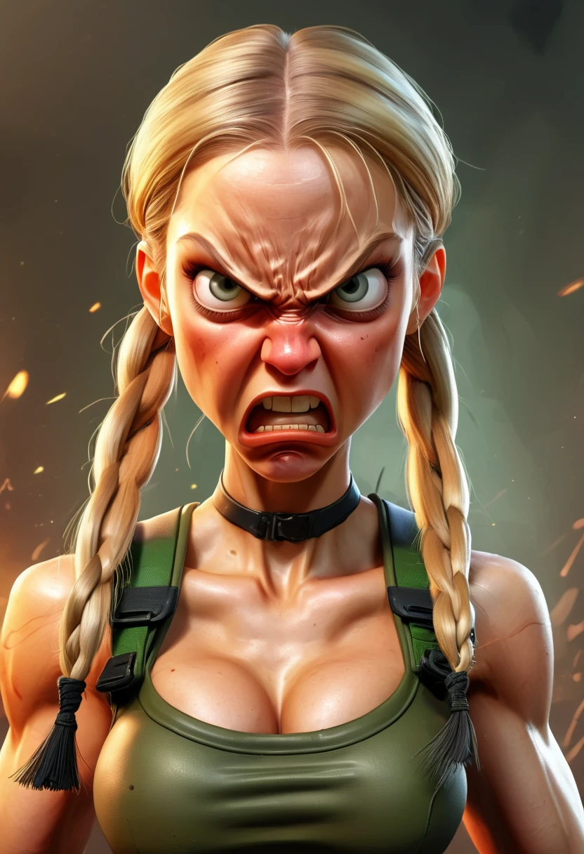 a Full-body cartoon caricature of Cammy in dynamic fight pose, hot girls with blond hair with two long braids, angry face, portrait, exaggerated features with a large nose and big eyes. Masterpiece, Best Quality, Realistic, glowing, textures, 4K. Army background.