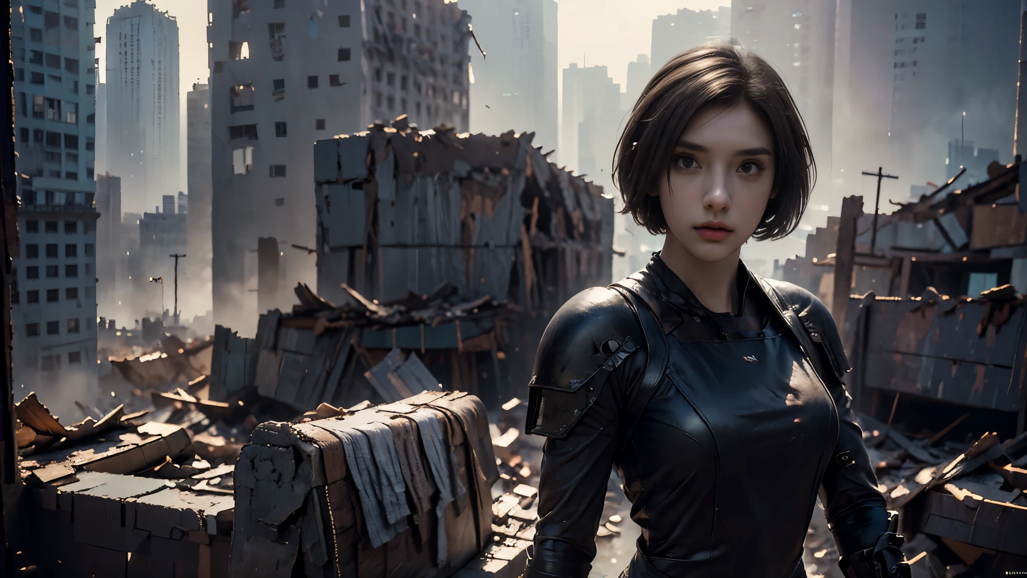 masterpiece, high resolution,8K,( Portrait Photos:1.5),(R Original Photo),Reality,Digital Photography,(Ruins of the Apocalypse ),City ruins,20 year old pretty female ,Short hair,Shut up, post-apocalyptic scene , Upper body photography ,Damaged Armor, Sexy Body