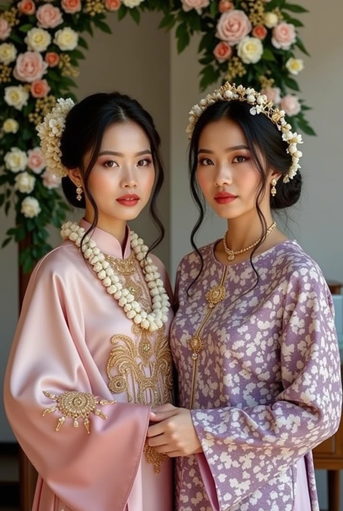 photography, beautiful Indonesian woman, white, wearing sundanese kebaya, wearing jewelry, flowers, flawles, graceful , red lips, ealistic, 8K, Focus, beautiful dreamy girl , supermodel face, wearing a Sundanese bridal kebaya and a jasmine flower necklace, has a belangkon and white, purple batik sarong, and next to him is a beautiful Indonesian woman wearing a hijab with a purple and white Sundanese wedding dress and a Sundanese siger crown, a long garland of jasmine flowers, swaying flowers in her bun. , with a background of traditional wedding decorations Sundanese.