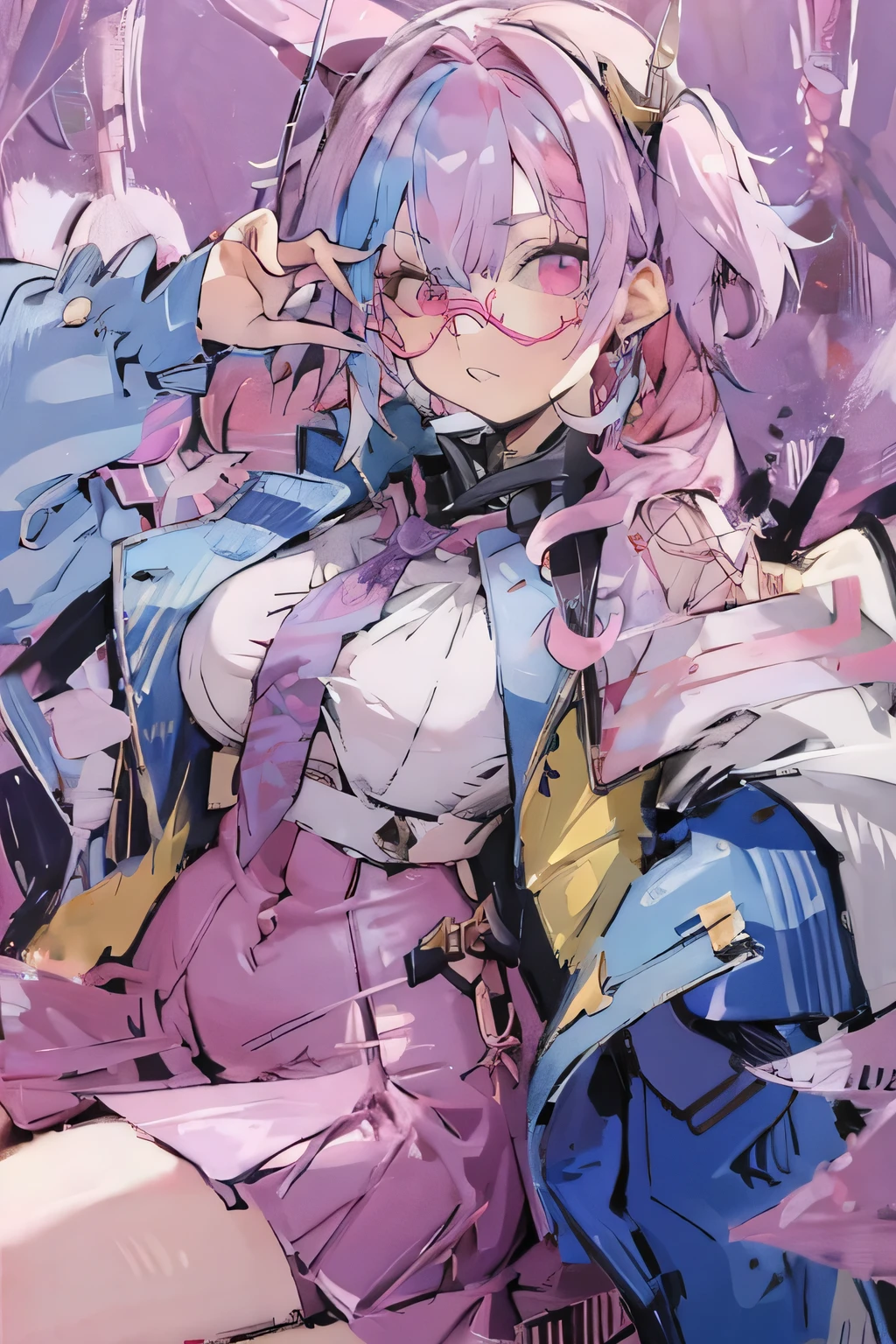  twin tails　 pastel color　 fashionable　fashion　Glasses　ぐるぐるGlasses　Canine　Jagged teeth　瓶底Glasses　Gloomy　otaku　Round eyes　Blindfold　Mechacle　Spiral　 pink hair　Light purple hair　Round glasses