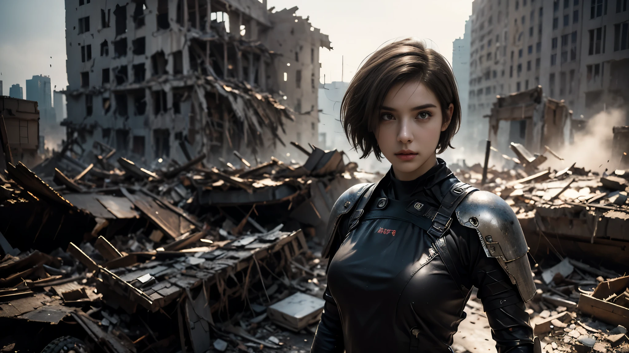 masterpiece, high resolution,8K,( Portrait Photos:1.5),(R Original Photo),Reality,Digital Photography,(Ruins of the Apocalypse ),City ruins,20 year old pretty female ,Short hair,Shut up, post-apocalyptic scene , Upper body photography ,Damaged Armor, Sexy Body