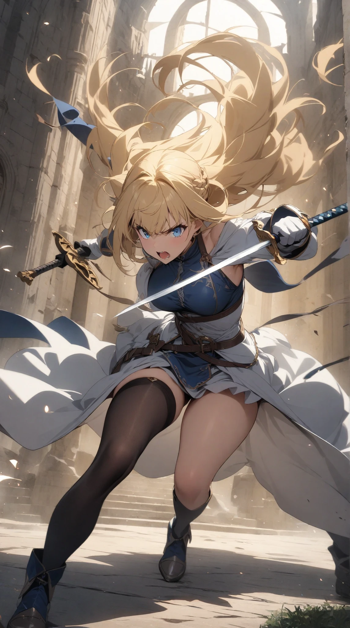 slender, mature female,1girl, rating:safe, blue_eyes, weapon, blonde_hair, breasts, solo, holding, sword, looking_at_viewer, bare_shoulders, outdoors, gloves, holding_weapon, bangs, short_hair, looking_back, medium_breasts, pantyhose, thighband_pantyhose, elbow_gloves, ass, standing, dress, closed_mouth, holding_sword, sleeveless, black_legwear, belt, eyebrows_visible_through_hair, sheath, large_breasts, black_gloves, sleeveless_dress, cowboy_shot, blurry, armor, from_behind, parted_lips, brown_legwear, sidelocks, dress, floating_hair, hair_between_eyes, knight, back, thighs, thigh_strap, miniskirt, skirt, long_hair, vambraces