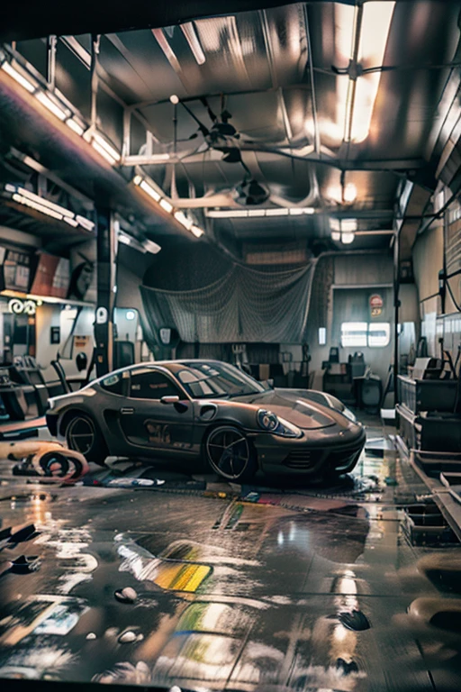 A rare image of a 2025 Porsche Cayman inside the garage, rainy conditions, bad signal, found footage