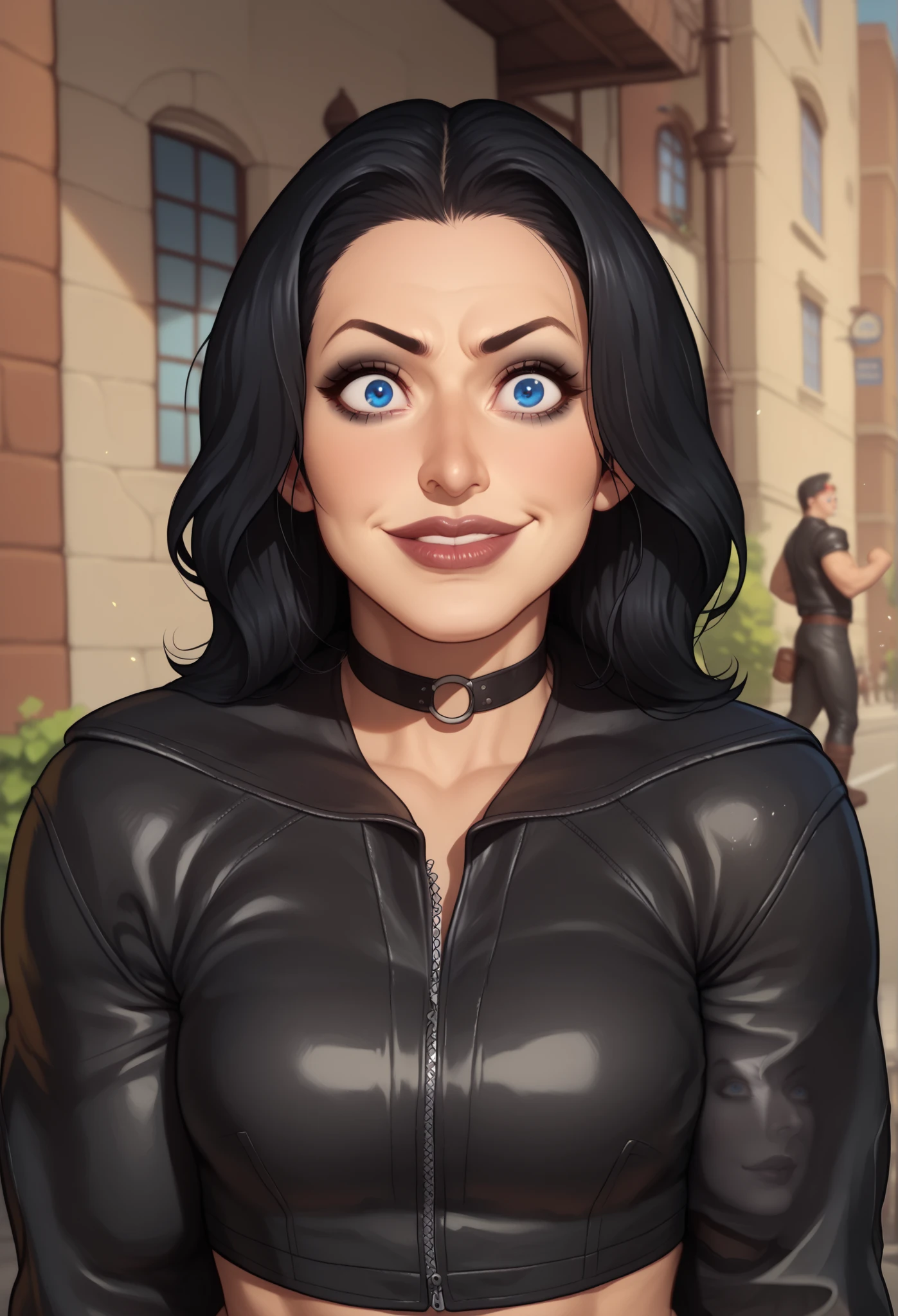 (((beautiful, high quality, comics style, detailed face))), score_9, score_8_up, score_7_up, BREAK, human, ((bignoselady, large nose, aquiline)), thick lips, goth girl aesthetic, jacked, beefy, muscular, oversized leather jacket, sexy face, full makeup, crazy smile. wearing black choker, black hair, crazy eyes, large eyes, blue eyes, BREAK, standing, ((fighting stance:1.1, figting pose, clenched hands)), midriff, motion lines:1.4, looking at the viewer, solo:1.4, streets outside, fantasy, blurred background, Expressiveh, detailxl