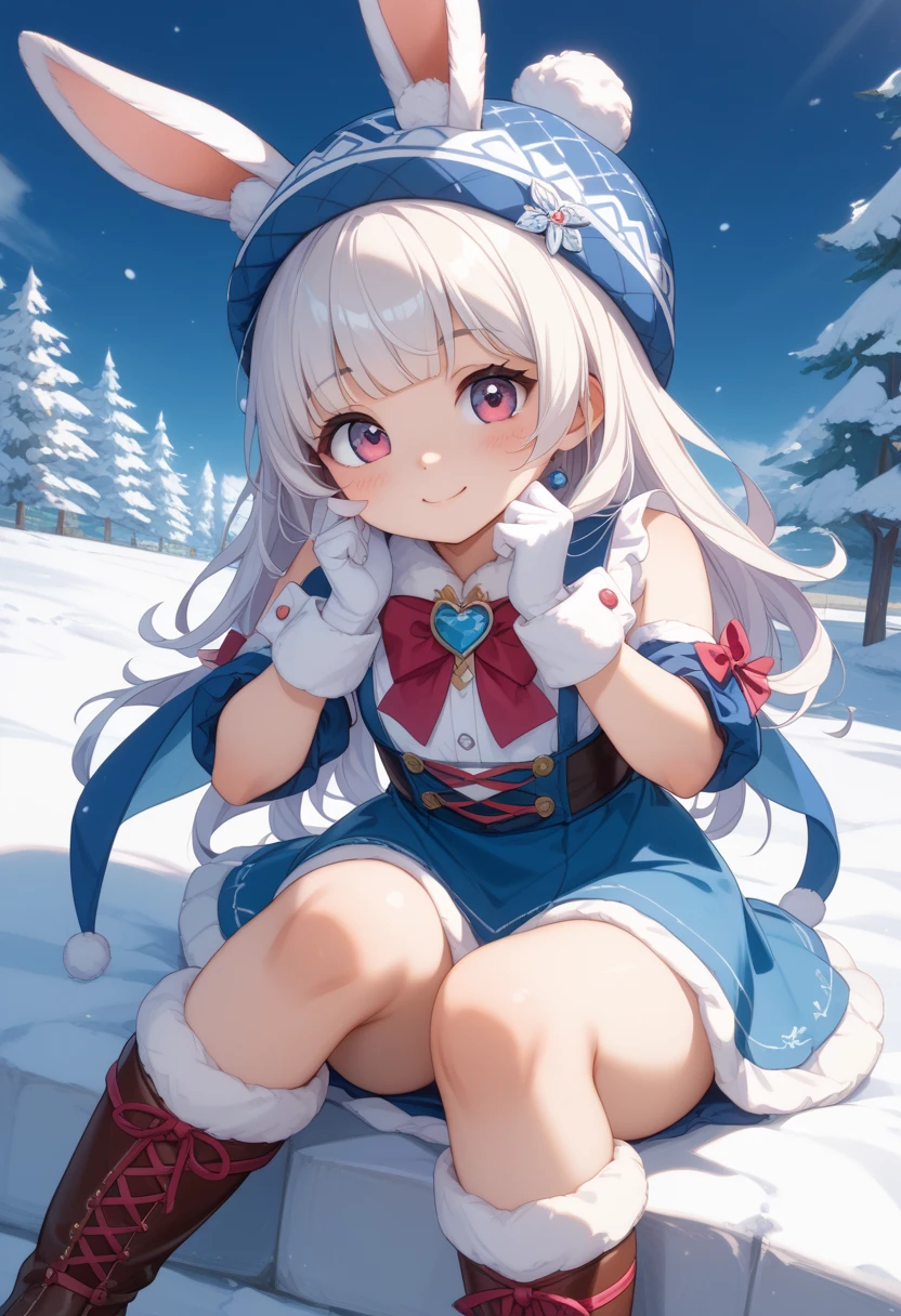 score_9、score_8_ up、score_7_ up、masterpiece、 top quality 、 fantasy scene  、Amazingly beautiful snow、１ cute girl、Bouncy low twin、hot bangs 、Run furiously、 warm clothes with fur  、Knitted hat、gloves、 boots、 pose as a cute rabbit 、  high res