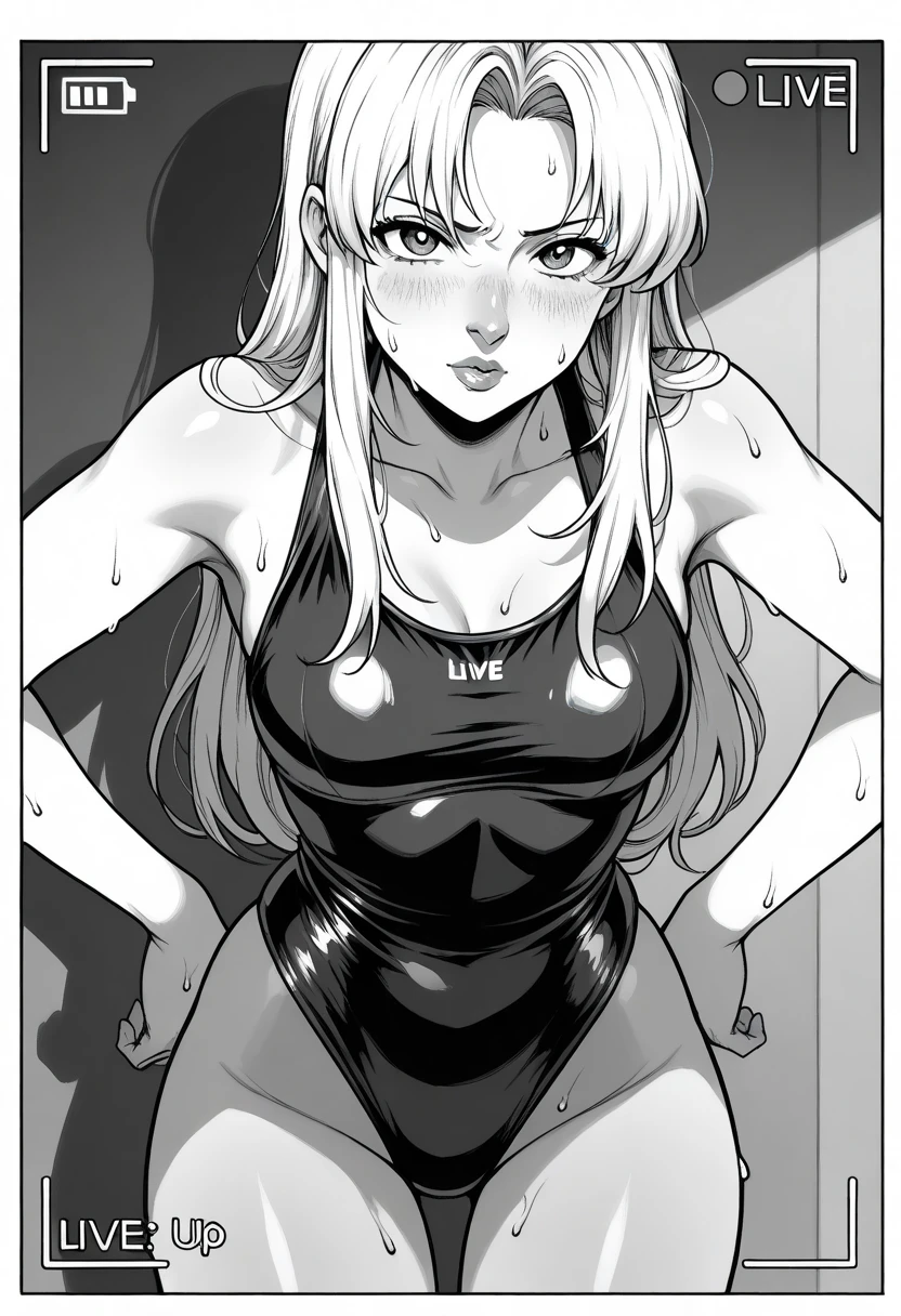    monochrome,   manga style   , resources ,   Better quality  , mixed fight, 1 teenager(     black swimsuit   , straight and combed long hair ) ( upturned nose, beautiful, Sweat),Full lips girl,standing,  hands on the hips ,  shiny lips , leaning forward , Livestream ,Live, in the room, monochrome, Capas, light and shadow,  front view , contrast